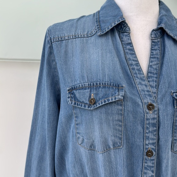 Papaya Medium Denim Jean Dress 3/4 Sleeve Elastic Waist with Pockets - Picture 2 of 13